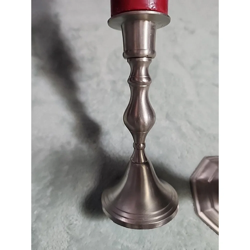 Pewter Weighted candlesticks made in India Felt Bottom Mismatched Set W Candles